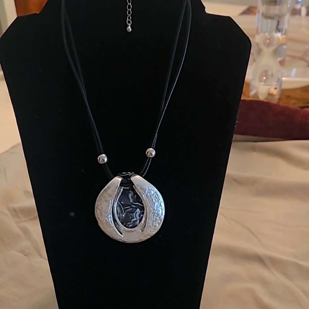 Silver Metal and Black Leather Necklace